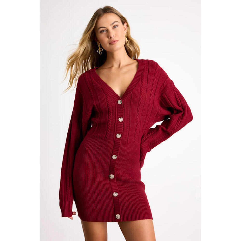 Lulus Bowyn Dark Red Cable Knit Button-front Sweater Mini Dress - Size L